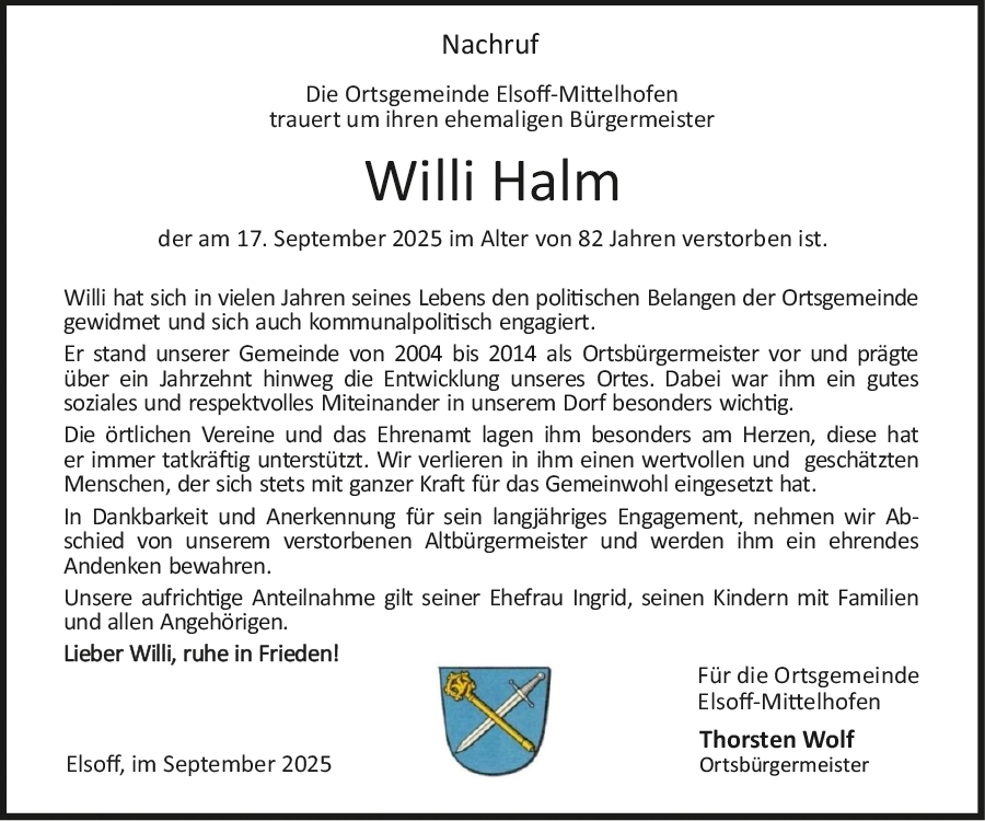 Traueranzeige Altbürgermeister Willi Halm